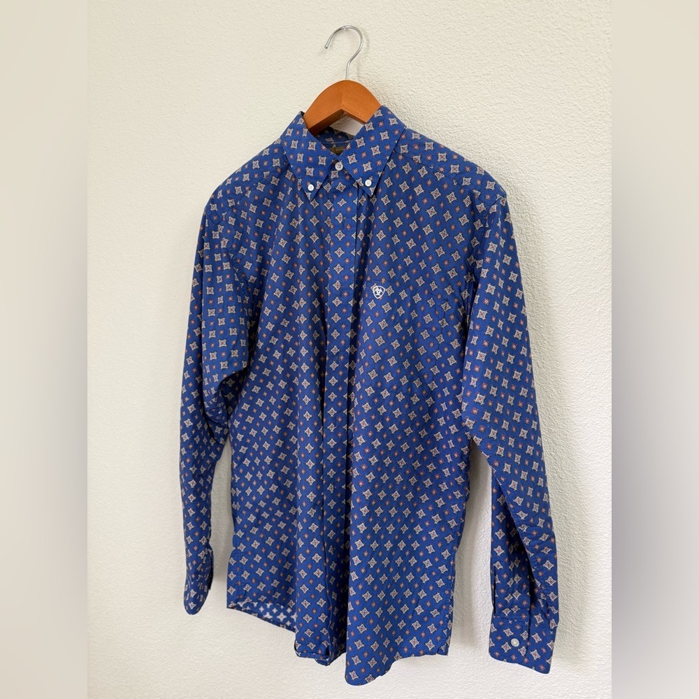 ARIAT Blue Patterned Classic Fit Button Down Long… - image 2
